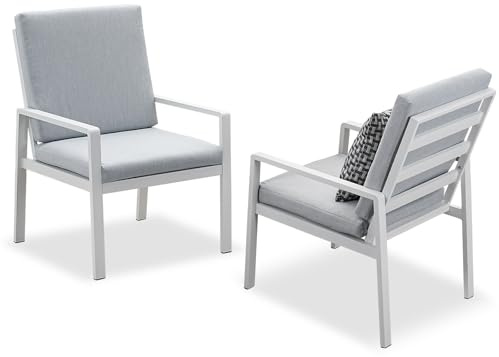 Atenza Gartenstühle Alu 2er Set, Gartensessel mit 6cm dicken Polstern, wetterfeste Essstühle für Außenbereich & Terrasse, Moderne Balkonstühle mit Armlehne, bis 140kg belastbar (Weiß, 2 Stück)