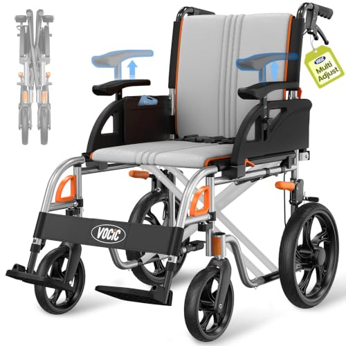 VOCIC U12 Lightweight Folding Wheelchair, 13kg, Multi-Point Ergonomic Fit | Lightweight Transport Aluminium Wheelchair for Adults,Up to 136kg,Dual Brakes, 3D Comfort Cushion, 30cm Large Wheels,Gray
