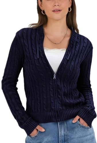 Yassiglia Women's Cable Knit Zip Up Hoodie, Cropped Long Sleeve Hooded Cardigan, Y2K Casual Knitted Sweater for Autumn Winter