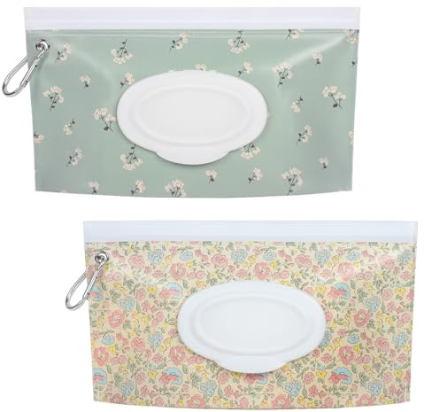 2 Pack Extra Large Baby Wipe Dispenser Portable Wipes Pouch with Carabiner Clip Reusable Wet Wipe Bag for Babies and Adults Ideal for Travel, Camping, Daily Use (Flower)