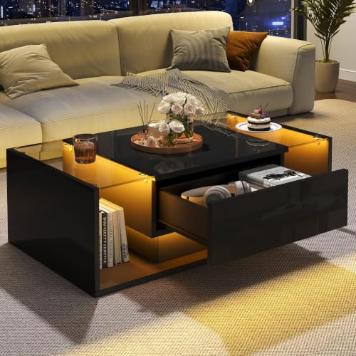 okwish Couchtisch mit LED & Schublade, Schwarz Hochglanz 100x50x31 cm