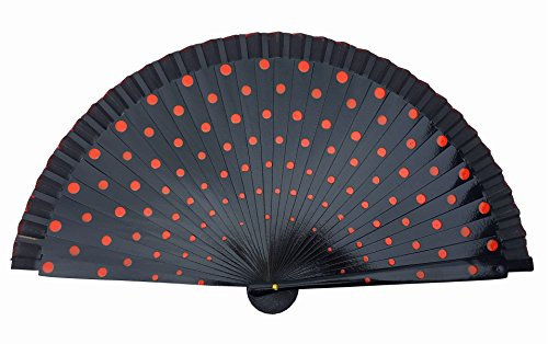 La Señorita Flamenco Fächer, Handfächer, Tanzfächer mit Punkten Holz (Schwarz mit roten Punkten)