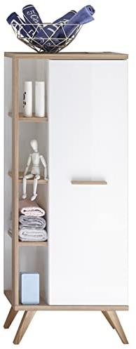 Pelipal Badezimmerschrank Quickset 923 in Weiß Glanz/Riviera Eiche quer Nachbildung, 50,5 cm breit | Halbhoher Midischrank mit 1 Tür, seitlichen Ablagefächern und 3 Glas-Einlegeböden