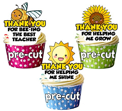 AK Giftshop PRECUT Thank You Teacher - Bee Sun Flower - Edible Cupcake Toppers/Cake Decorations (Pack of 12)
