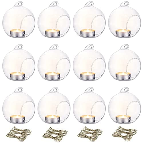NUPTIO 12 Stücke 8cm Hängen Glaskugel Teelicht Kerzenhalter Hause Hochzeit Mittelstücke Decor Garten Deko Indoor & Outdoor Teelicht Kerzenhalter, Kerzenständer Glas Halloween Weihnachten Deko