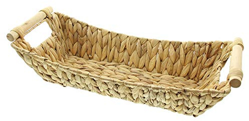 FRANK FLECHTWAREN Schale mit Holzgriffen, Wasserhyazinthe auf Metallrahmen, 46x19x12 cm, Handgefertigt, Serviertablett Deko Boho