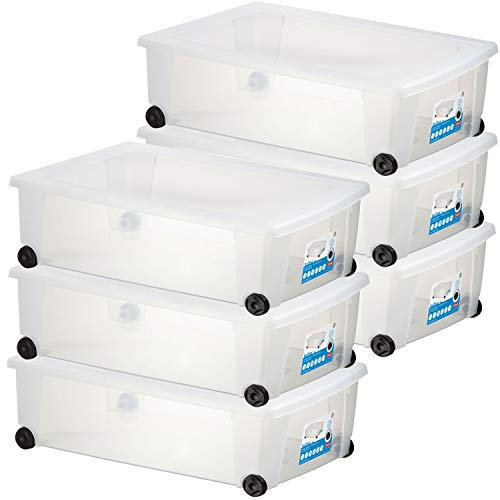 6 x UNTERBETTKOMMODE - Aufbewahrungsbox mit Deckel und Rollen 30 Liter 59x39x18 cm - transparent stapelbar LEBENSMITTELECHT - Rollbox Kunststoff Box Kiste Plastik Organizer Büro Haushalt Kinderzimmer