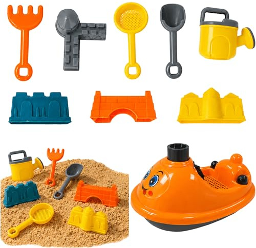 MUNTRADE Barco de Playa para Niños con 8 Accesorios | Juguete de Arena con Barco, 4 Moldes de Castillo, Pala, Rastrillo, Colador y Regadera | Set Infantil para Playa, Jardín y Arenero