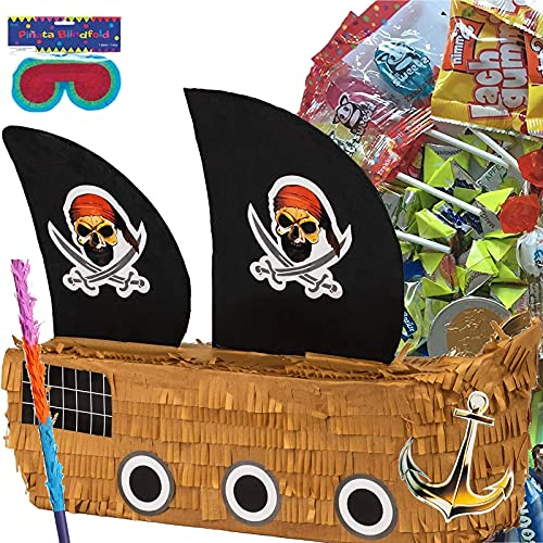 Pinata Set: * PIRATENSCHIFF * + Maske + Schläger + 100-teiliger Süßigkeiten-Füllung No.1 von Carpeta© | Handgefertigte Piraten Pinata | Tolles Spiel für Kindergeburtstag und Motto-Party