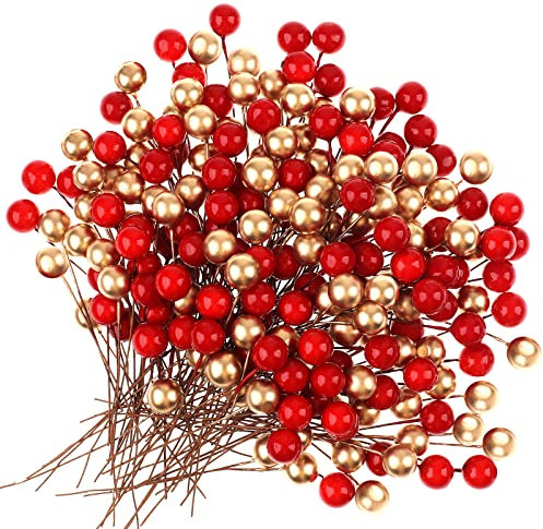 Weysoo 100Pcs Christmas Holly Berries, Artificial Gold Christmas Berries and Red Fake Berry for Christmas Tree Ornaments,Wreath Making Supplies,Xmas Party Decorations (RED+GOLD)