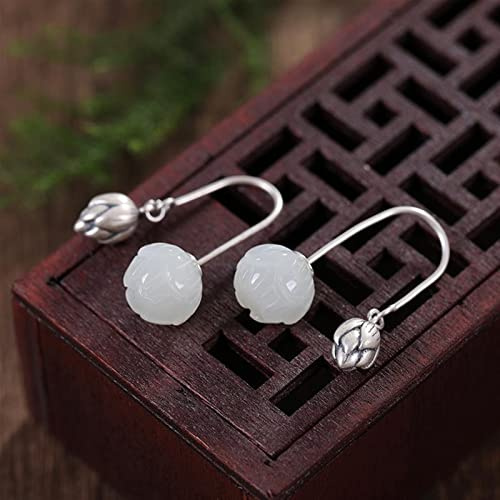 S925 Sterling Silber Vintage Ethnische Ohrringe Natürliches Hetian Jade Weiße Jade mit Hanfu Lotus Ohrringe Ohrringe