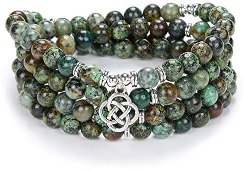 Keltische Geschenkideen 108 Mala Stein Perlen Armband Kristall Halskette mit Unendlichkeitsknoten Glücksbringer (Afrikanischer Türkis (African Turquoise))