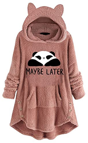 Pulli mit Knopfohr Cute Kapuziner-Katze Fleece-Damen-Kapuziner-Ärmellänge Lange Taschen Freiwild (Pink, XXL)
