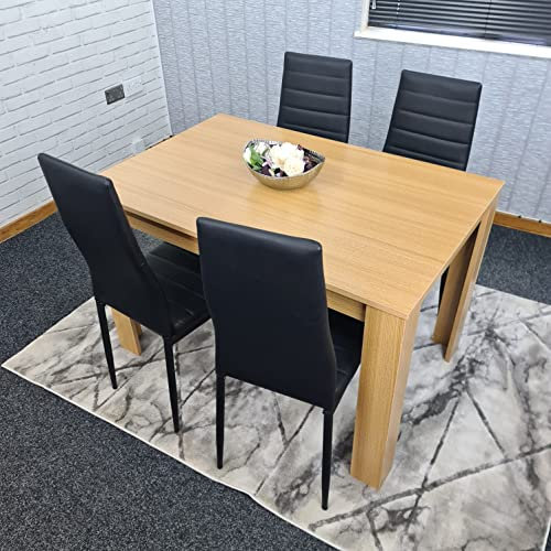 KOSY KOALA Dining Table and 4 Chairs Oak Grey Leather Dining Furniture Set(117x77x75cm) (Table + 4 black chairs, 140cm (L) x 80cm (W))