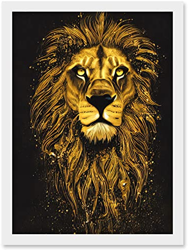 Doppelganger33 LTD King Of The Pride Male Lion Golden Mane Painting Gustav Dore Style Black And Gold Artwork Framed Wall Art Print A4