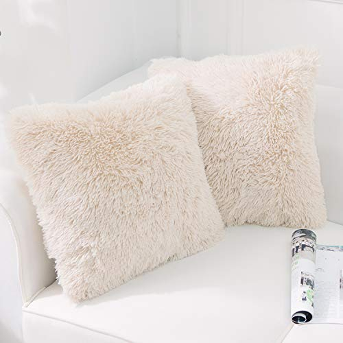 NordECO HOME 2er Set kissenbezüge 60x60 cm Kissen Beige Künstlich Pelz Fellkissen Dekorative Deko Kissen Kuschelkissen Flauschig Sofakissen Weich Plüschkissen für Sofa