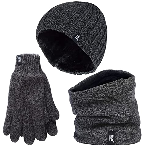 HEAT HOLDERS Herren Halswärmer Mütze Handschuhe Set Winddicht Warm Gestrickt Fleece Thermo Winter Set (M-L, Grau)
