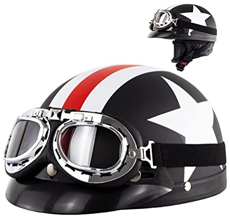 Motorrad-Halbhelm Leder-Halbhelm mit Schutzbrille Retro-Fahrrad-Halbschalenhelm für Erwachsene Männer Frauen Verstellbarer Schnellverschluss-Helm mit UV-Brille