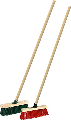 Twin Pack 12 Sweeping Brooms PVC Colour Brush with Wooden Handles (Red & Green)