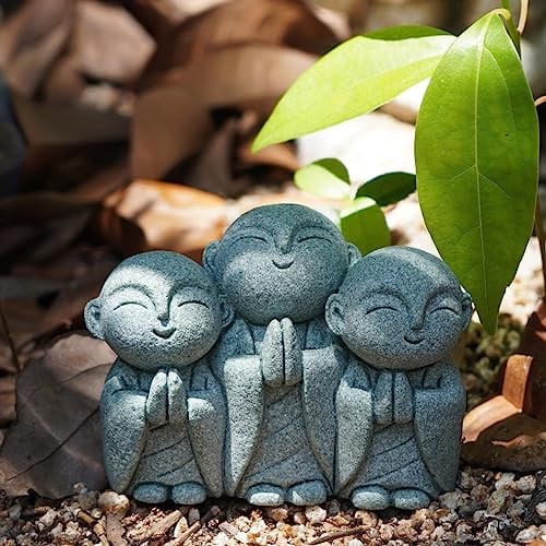 OwMell Japanische Jizo-Mönchsstatue, Buddha-Figur, Jizo-Figur, Gedenk-Aquarium-Statue, Ornament – lächelnd