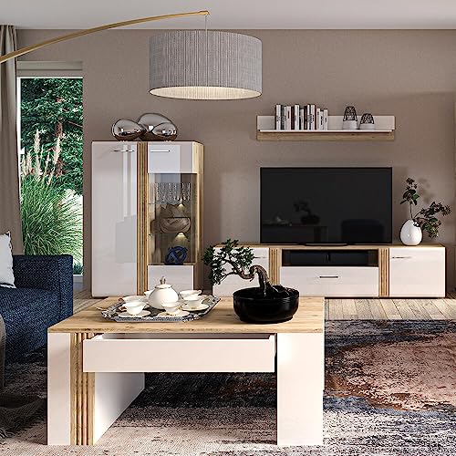 Lomadox Wohnwand Anbauwand Fernsehwand TV Wand in Eiche Nb. modern mit Fronten in Hochglanz weiß 4-teilig, Vitrinenschrank, TV-Lowboard, Couchtisch und Wandregal, inkl. LED Beleuchtung