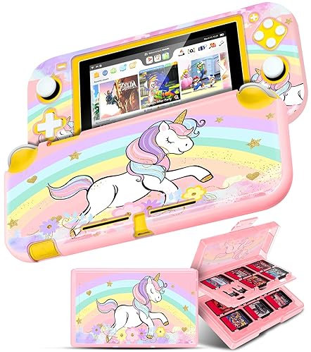 Gurgitat 2in1 Cute Unicorn for Switch Lite Case Protector Switch Lite Game Cases Cartridge Storage Cartoon Girly Girls 24 Game Card Holder Organizer+Skin Dockable Shell Cover for Nintendo Switch Lite