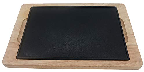 FORREC Plato Teppanyaki, Plato Grande De Hierro Fundido para Carne, Plancha con Base De Madera, Plato para Servidor De Parrilla para Carne, Uso Doméstico O Suministro De Restaurante-A||33 * 23cm