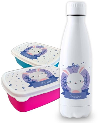Pack vuelta al cole diseño conejito botella personalizada + fiambrera personalizada con texto para el colegio o guardería. Libre BPA y reutilizable | Bebidas frías y calientes hasta 12h
