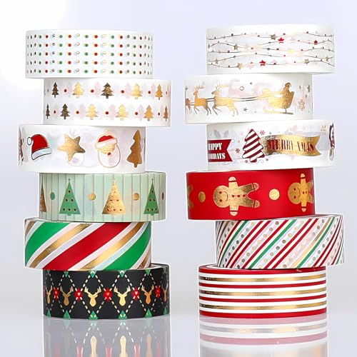 lyroiphic Weihnachten Washi Tape Set - 12 Rollen Dekoratives Klebeband mit Goldfolie, Perfekt für Bullet Journal, Weihnachtskarte, Geschenkverpackungen