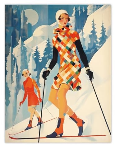 Wee Blue Coo Klosters Chic Fashion Skier Women Going Down Slopes Orange Blue Bright Retro Oil Painting Large Wall Art Poster Print Thick Paper 18X24 Inch