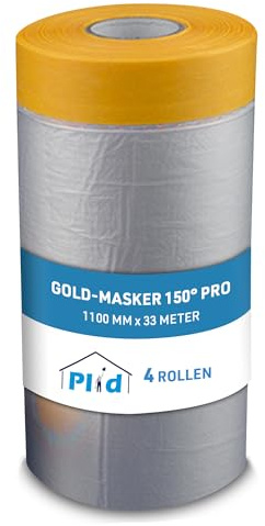 Plid Gold-Masker 150° Pro - 4 Rollen x 1100mm - Abdeckfolie & Klebeband | Goldband | Malerfolie mit Klebeband | UV-beständig | Scharfe Farbkanten | Rückstandsfrei entfernbar | Hohe Klebekraft
