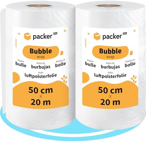 packer PRO Rollo Plastico Burbujas Embalaje, 50cm Ancho (A) y 20m Longitud (L). Papel burbuja ideal para Mudanzas, Embalajes y Envíos, Pack 2