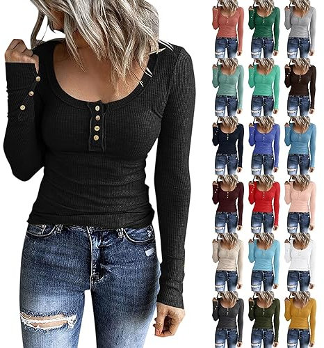 Langärmeliges Henley-T-Shirt für Damen, Knopfleiste, schmale Passform, Rundhalsausschnitt, gerippt, langärmelig, dehnbar, Skinny-T-Shirt, niedriger Rundhalsausschnitt, Tunika, Tops, Basic-Strickwaren,