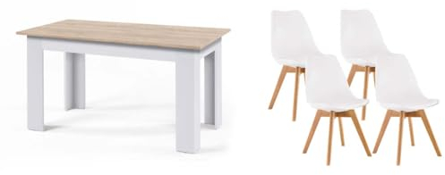IBERA HOME Pack Mesa de Comedor/Cocina 138x80 cm + 4 Sillas Estilo Nórdico - Conjunto Elegante y Moderno para Hogar (Mesa Cambria/Blanca - Sillas Blancas)