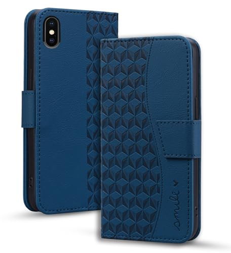 LOLFZ for iPhone X/XS Wallet Case, Card Holder Kickstand Magnetic Flip PU Leather Case Shockproof TPU Bumper Protective Phone Cover for iPhone X/XS - Blue