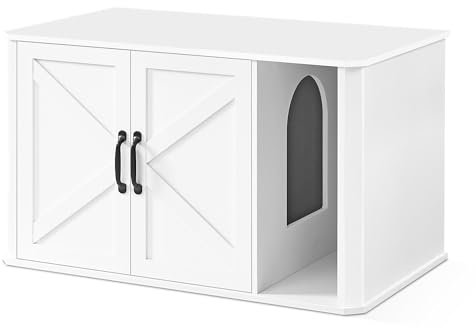 Feandrea Katzenhaus, Katzenklo-Schrank modern, Vordereingang, mit Doppeltür und Griffen, als Sideboard, 85 x 48,5 x 50 cm, wolkenweiß PCL012W01
