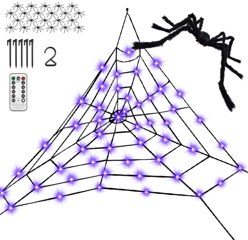 Halloween Spinnennetz Deko Outdoor Lichter 150 LEDs 8 Modes Lila Lichterketten 5 Meter Durchmesser Wasserdichte Halloween Horror Netzlichter Deko mit 22 Spinnen für Haushof Garten Indoor Outdoor (A+B)