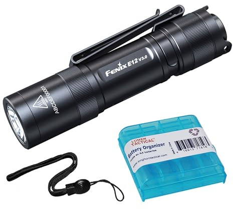 Fenix Linterna E12 V3.0 EDC de 200 lúmenes, 1 pila AA diseñada para llevar a diario con organizador de batería Lumentac