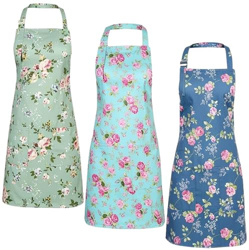 YILANJIN Küchenschürze für Frauen, 3 Stück Florale Schürzen, Schürze Kochschürze mit großen Taschen, Verstellbare Küchenschürze, Vintage Schürze, Schürze zum Kochen Backen Gartenar