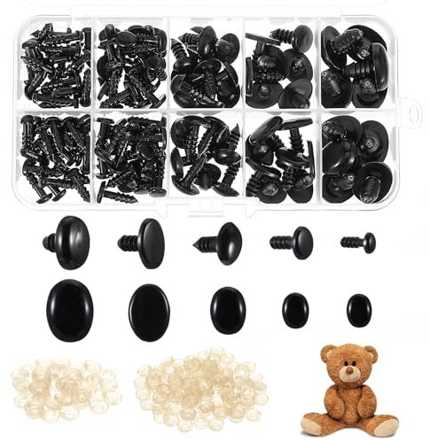 Tyqour Sicherheitsaugen für Häkeltiere,250 Stück Sicherheitsaugen und Sicherheitsnasen mit Unterlegscheiben,Puppenaugen Sicherheitsnasen Kunststoff Augen für Häkeltiere, für Puppe Plüschtier(6-17mm)