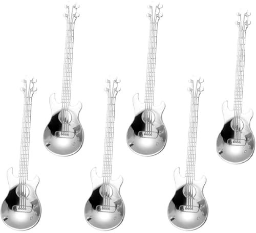 Guitar Coffee Teaspoons Sets,6PCS Stainless Steel Musical Spoons,Guitar Coffee Spoons,Unique Gifts for Coffee Lovers,Perfect for Stirring,Dessert,and Ice Cream, Fun Kitchen Accessory-Sliver