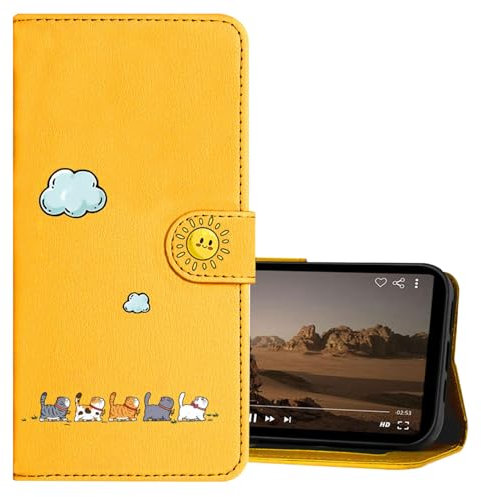 Nokverzy Coque pour Samsung Galaxy A16 5G Étui Housse Portefeuille Cuir Pochette Clapet Chat Motif Porte Carte Magnétique Protection Cover Etui Rabat Téléphone Portable pour Samsung A16 5G Jaune
