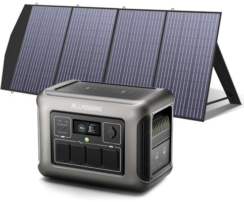ALLPOWERS Generador solar R1500, batería LiFePO4 de 1152 WH, 4 estaciones de energía portátiles de salida de CA de 1800 W con 1 paneles solares de 200 W para jardín, viajes, camping, RV, emergencia