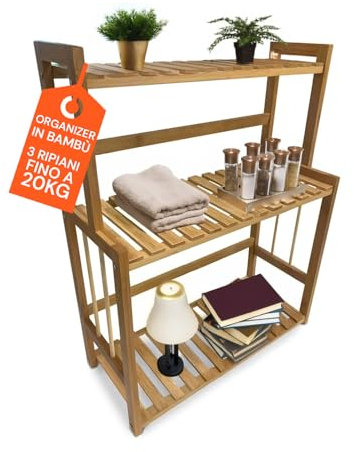 Avilia Scaffale Bambù 3 Ripiani 42x18x53cm – Organizer Multiuso Salvaspazio, Capacità 20kg – Scaffale Stabile ed Ecologico, Facile da Montare – per Bagno, Cucina o Ufficio