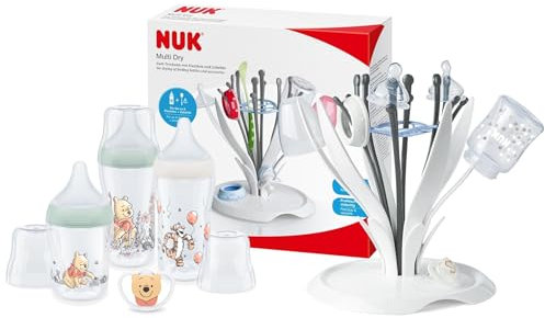 NUK Perfect Match Babyflaschenset Winnie Puuh & MultiDry Trockenständer im praktischen Starterset | 3 Anti-Colic-Babyflaschen & Space-Schnuller | praktisches Trocknen von bis zu 6 Flaschen und Zubehör