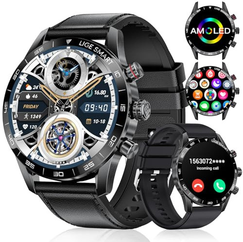 1,43'' AMOLED Smartwatch Herren mit Bluetooth-Anrufe,400mAh 15 Tage Lange Akkulaufzeit,Sportuhr mit 124 Sportmodi/Schlafmonitor/SpO2,IP68 Smart Watch für Android iOS,Leder
