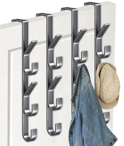 YTSMFL 4 PCS Over The Door Hooks, 5Hooks Over The Door Hook Hanger Vertical Towel Rack Stainless Steel Vertical Overdoor Hook Hanger for Hanging Coats Clothes and Bags in Bedroom (Grey)