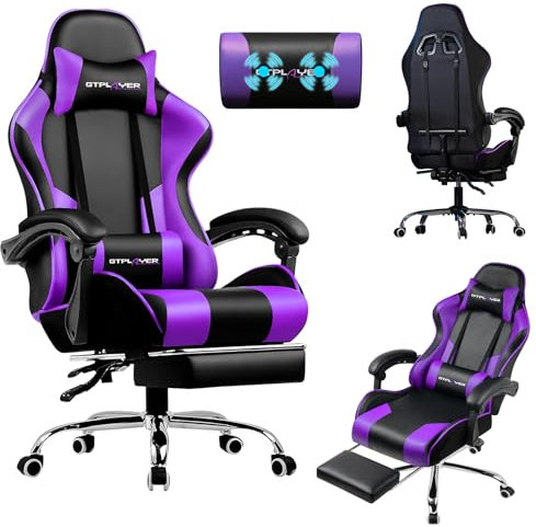 LUCKRACER Sedia da Gaming con Massaggio Sedia Ufficio Ergonomica Reclinabile con Schienale Regolabile Poggiapiedi Estraibile Poggiatesta e Supporto Lombare, viola