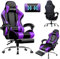 LUCKRACER Silla Gaming, Silla Gamer con Masaje, Silla de Oficina Ergonómica con Reposapiés, 150 kg, Asiento Gaming, con Reposacabezas y Reposapiés Retractable, Púrpura