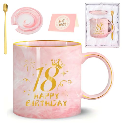 18 Geburtstag Frau, Geschenk 18 Geburtstag Frau 12oz Rosa Kaffeetasse mit Geschenkpackung, Geschenkset Zum für Mitarbeiter Freund Weihnachten Geburtstag Geschenk Tasse